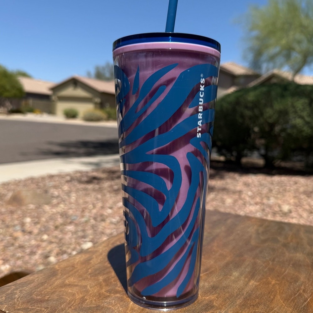 Starbucks Zebra Print Tumbler Pink Purple Blue 24oz Cold Cup‎ Straw Lid